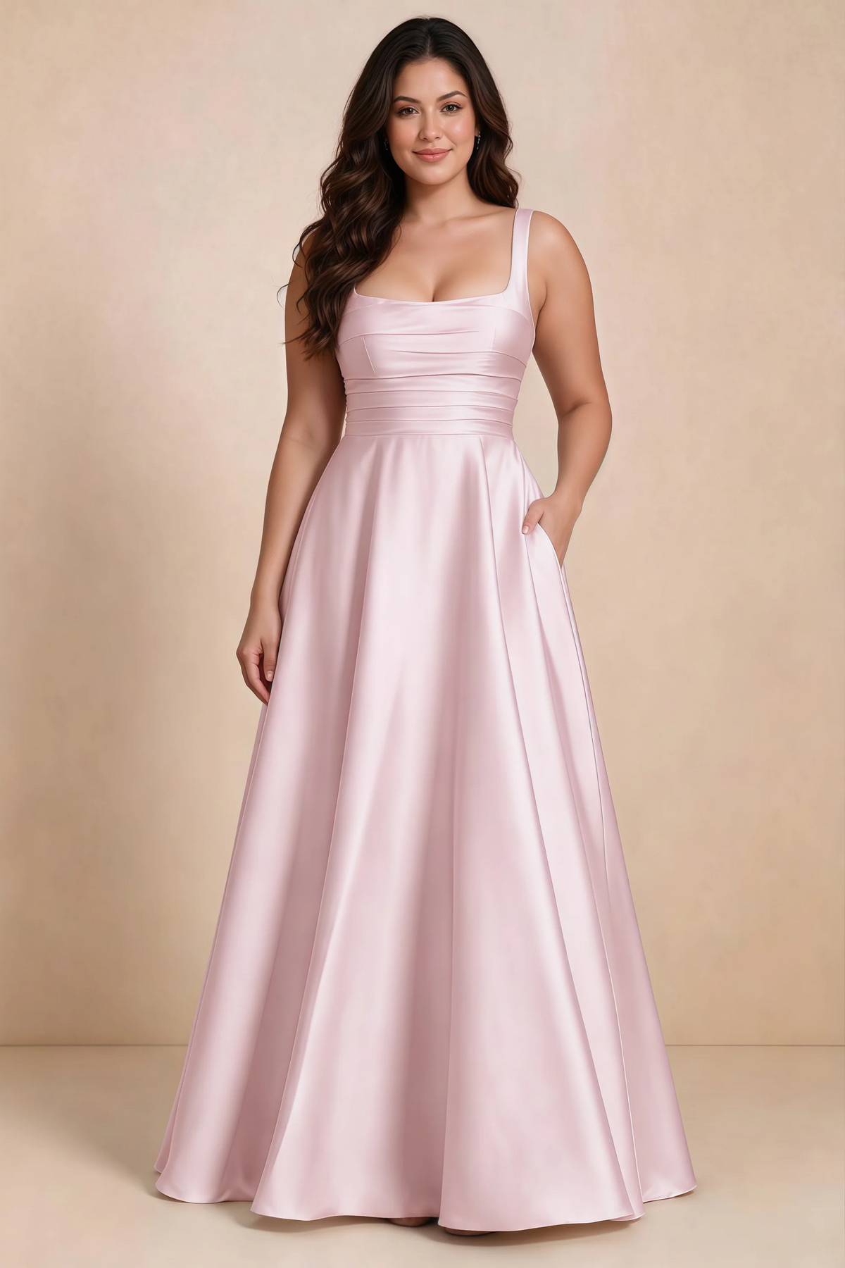 Front studio view of Becky candy satin maxi dress showing the defined waist and flowing skirt