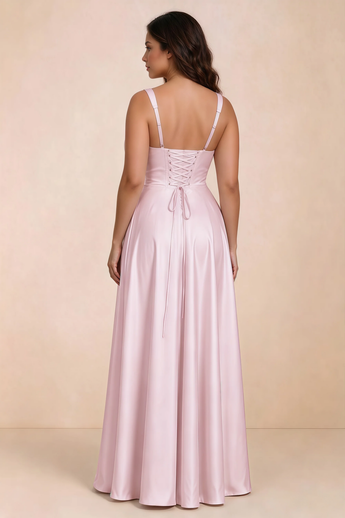 Rear studio view of Becky candy satin maxi dress showing crossed back lacing above the full skirt