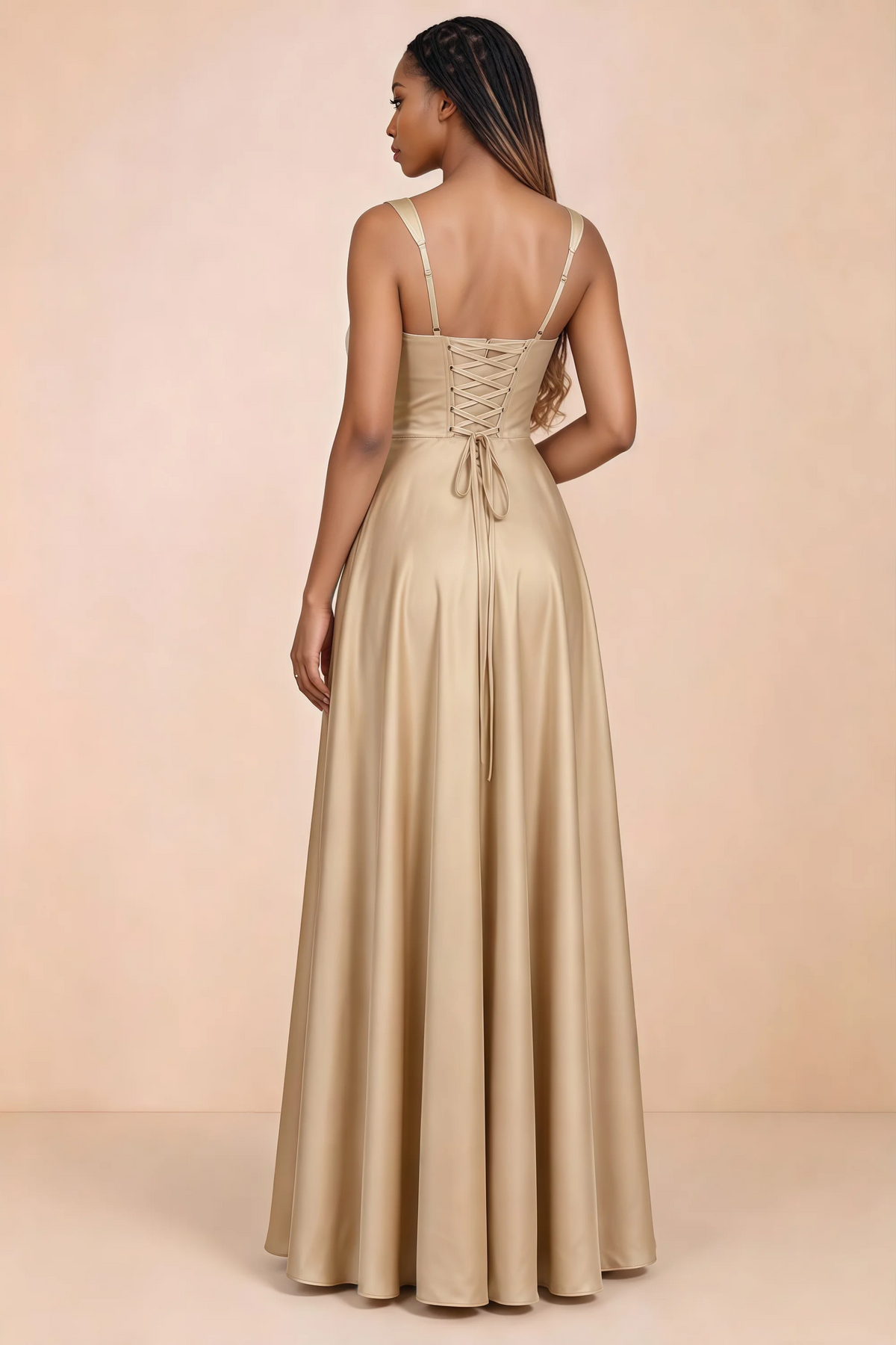 Back studio view of Becky champagne satin maxi dress showing shoulder straps and waist-length lacing