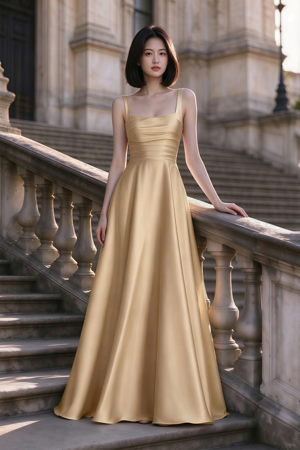 Outdoor front view of Becky champagne satin maxi dress on stone steps with a floor-length A-line skirt