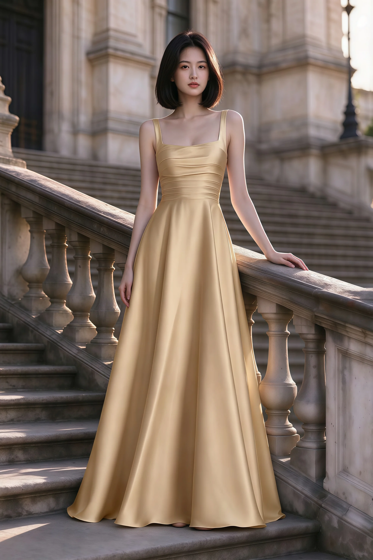 Outdoor front view of Becky champagne satin maxi dress on stone steps with a floor-length A-line skirt