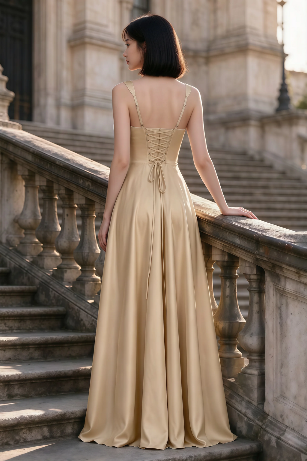Outdoor rear view of Becky champagne satin maxi dress showing adjustable straps and the lace-up back
