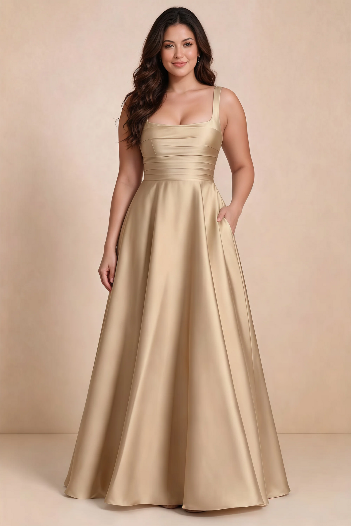 Front studio view of Becky champagne satin maxi dress showing the defined waist and flowing skirt