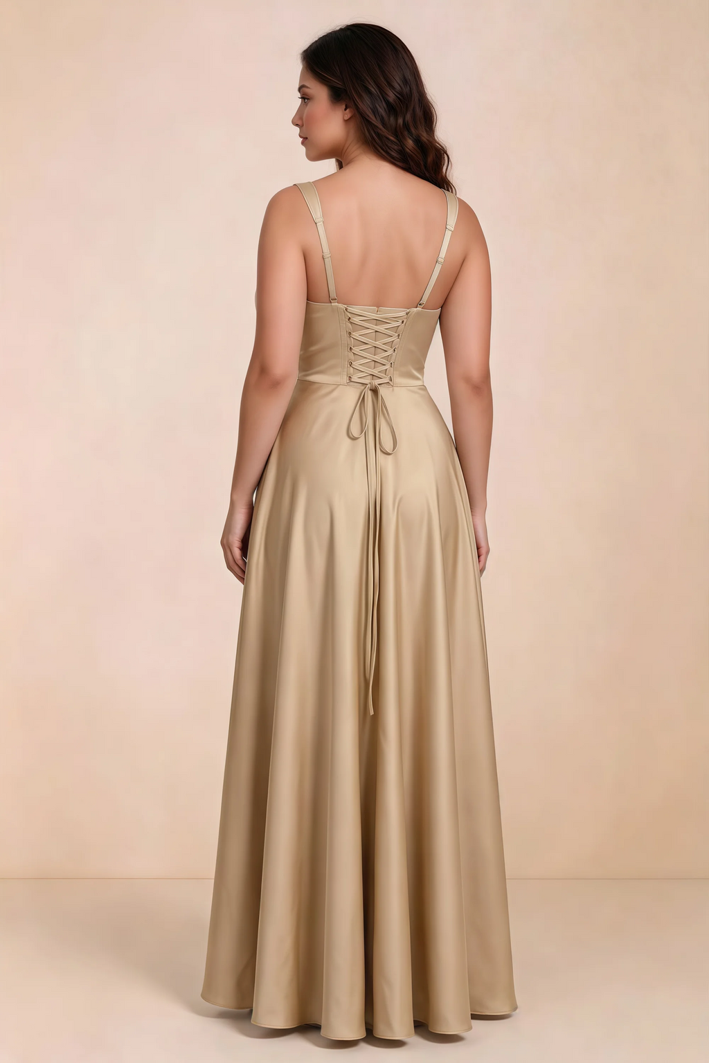 Rear studio view of Becky champagne satin maxi dress showing crossed back lacing above the full skirt