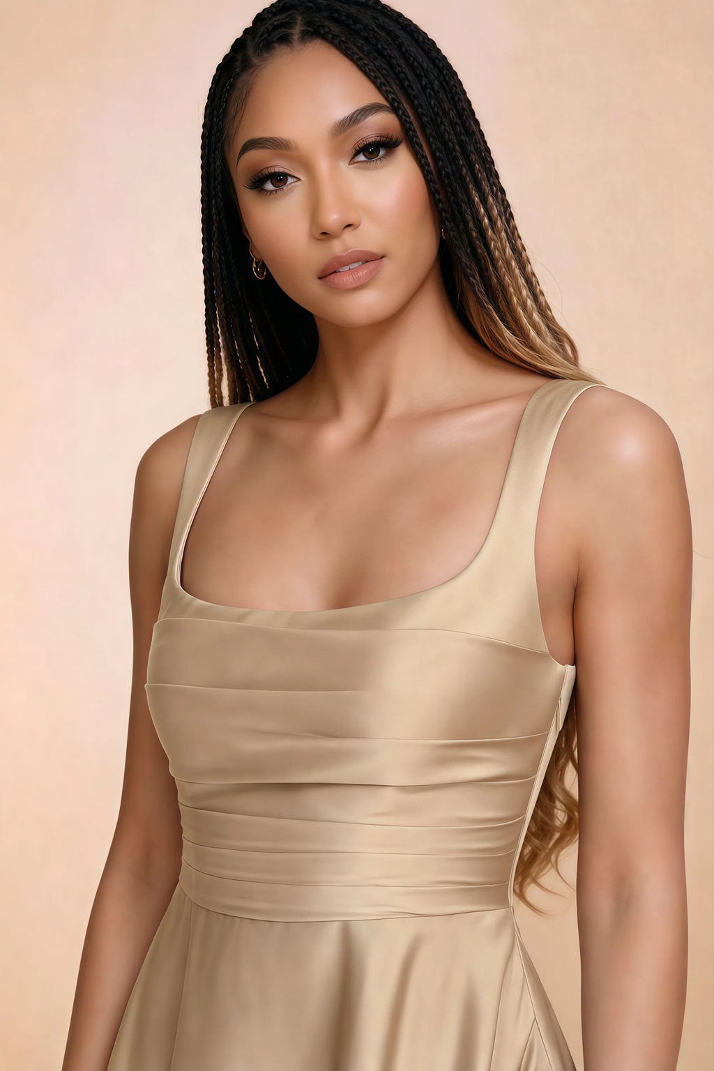 Close-up of Becky champagne square neckline, shoulder straps and horizontal bodice pleats