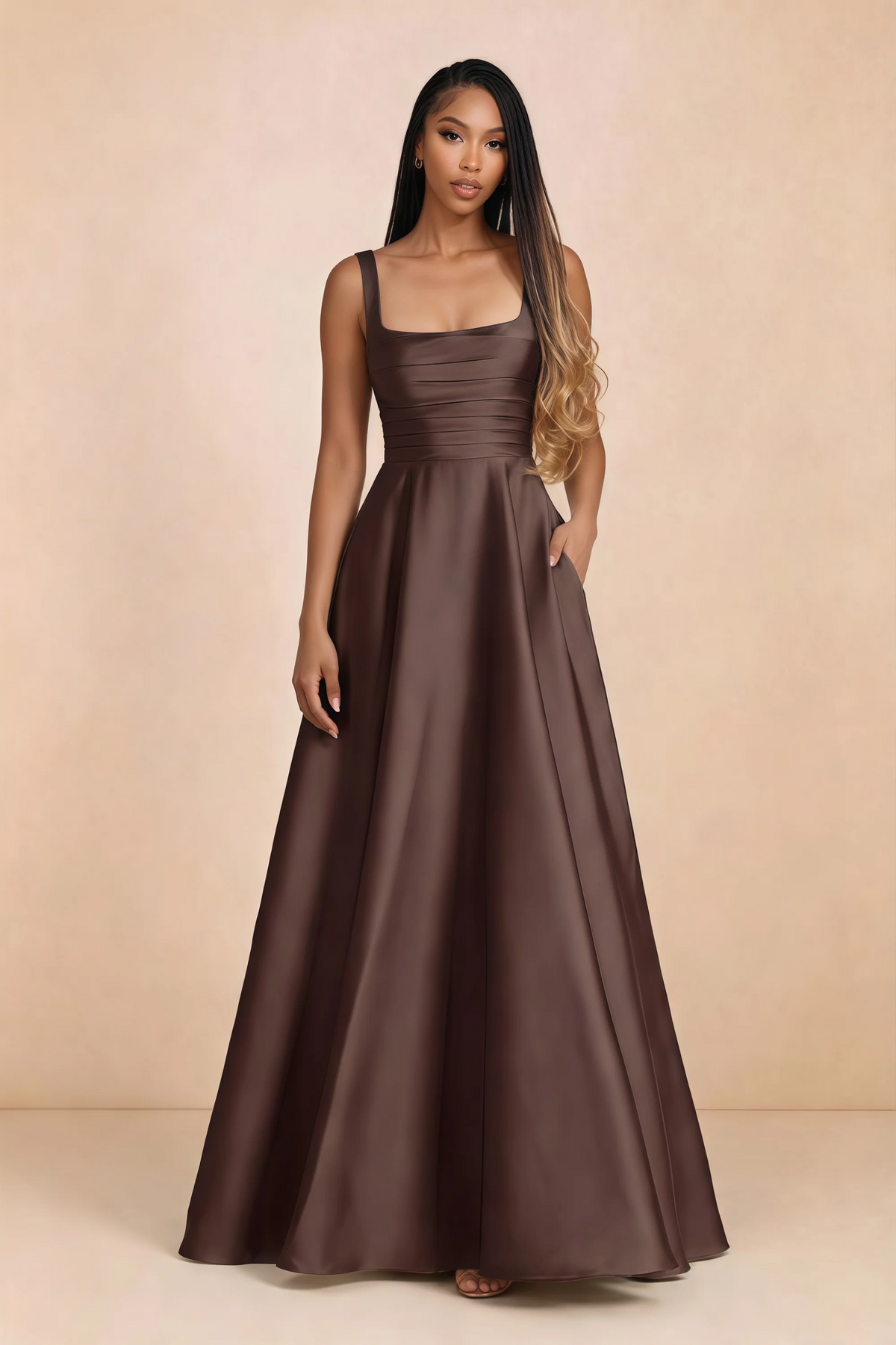Front studio view of Becky chocolate satin maxi dress showing the square neckline, pleated bodice and full A-line skirt
