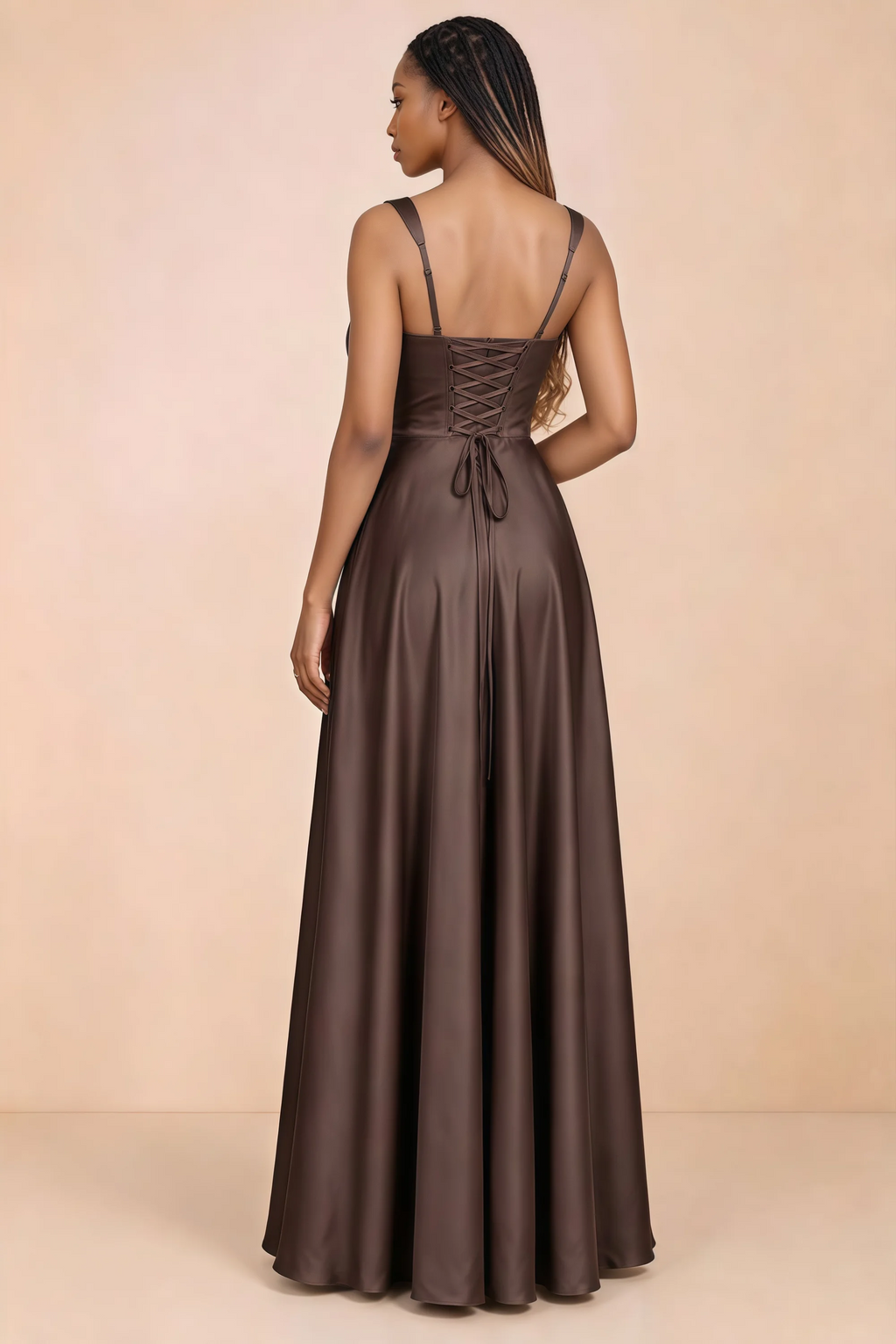 Back studio view of Becky chocolate satin maxi dress showing shoulder straps and waist-length lacing
