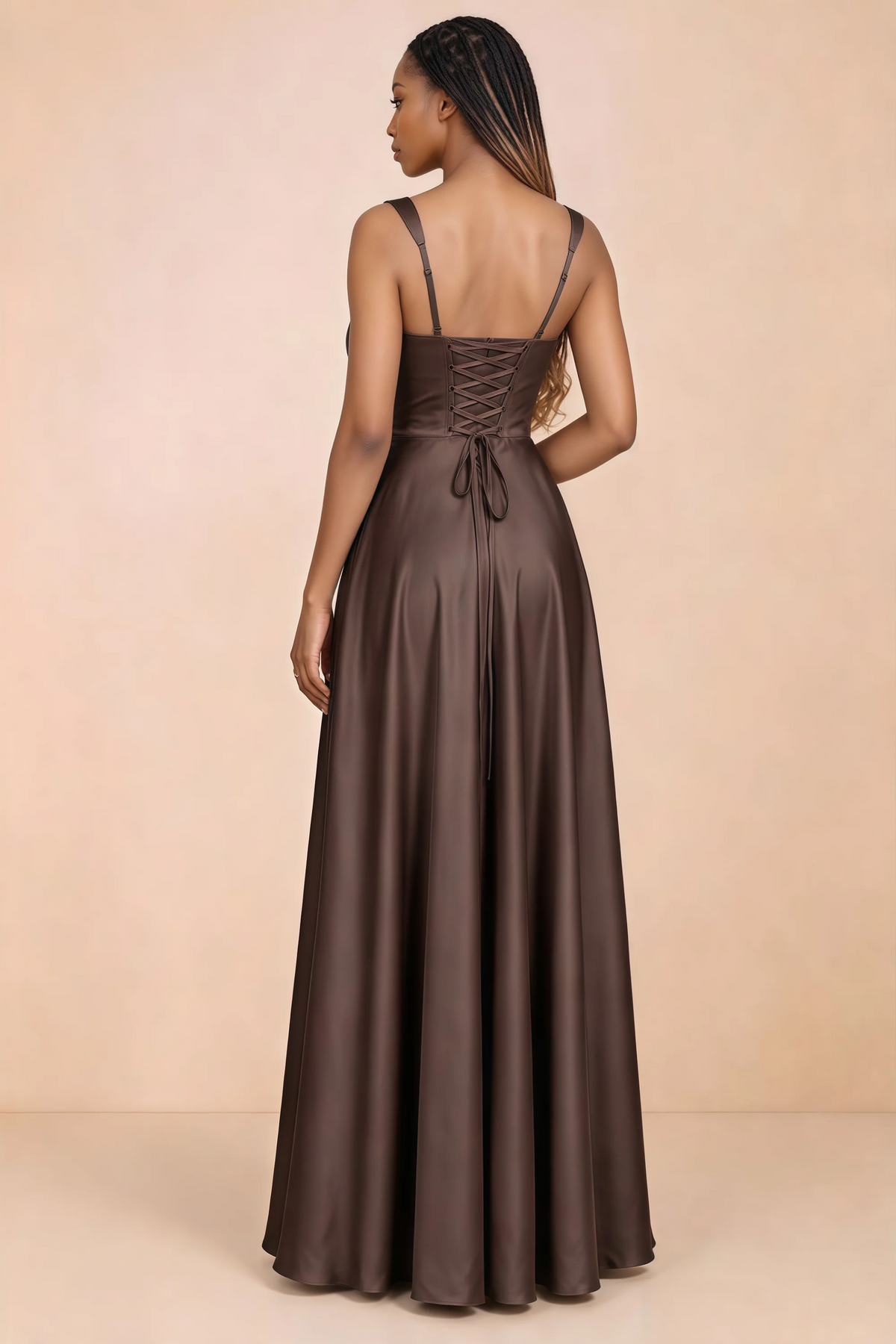 Back studio view of Becky chocolate satin maxi dress showing shoulder straps and waist-length lacing