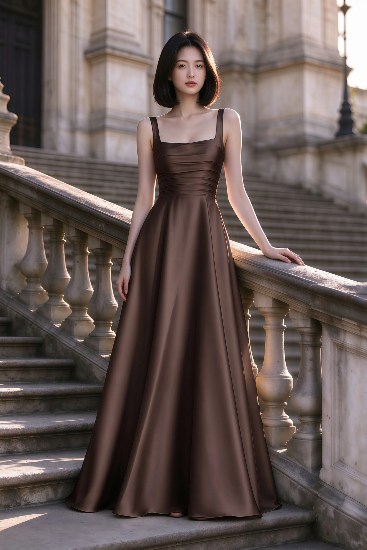 Outdoor front view of Becky chocolate satin maxi dress on stone steps with a floor-length A-line skirt