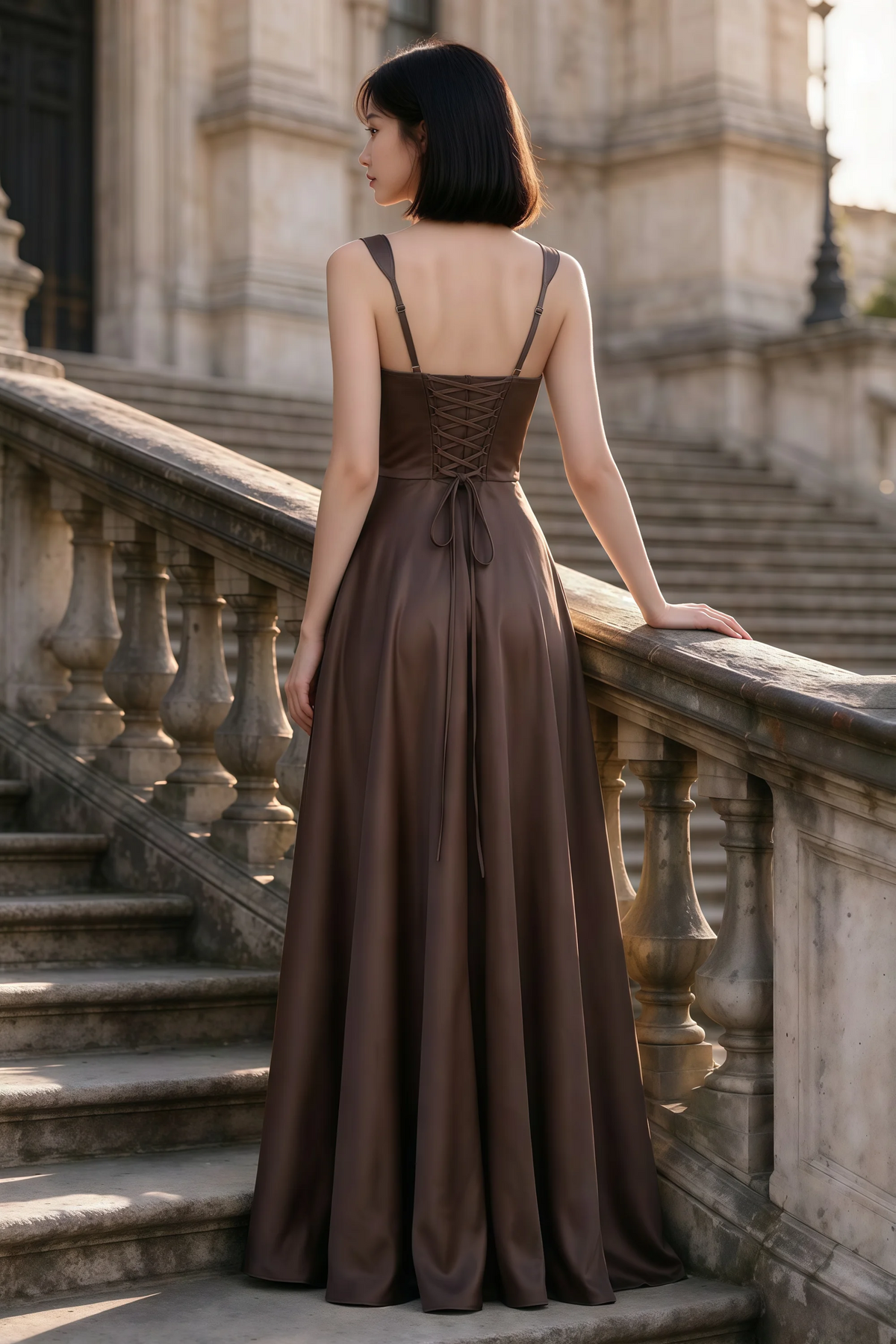 Outdoor rear view of Becky chocolate satin maxi dress showing adjustable straps and the lace-up back