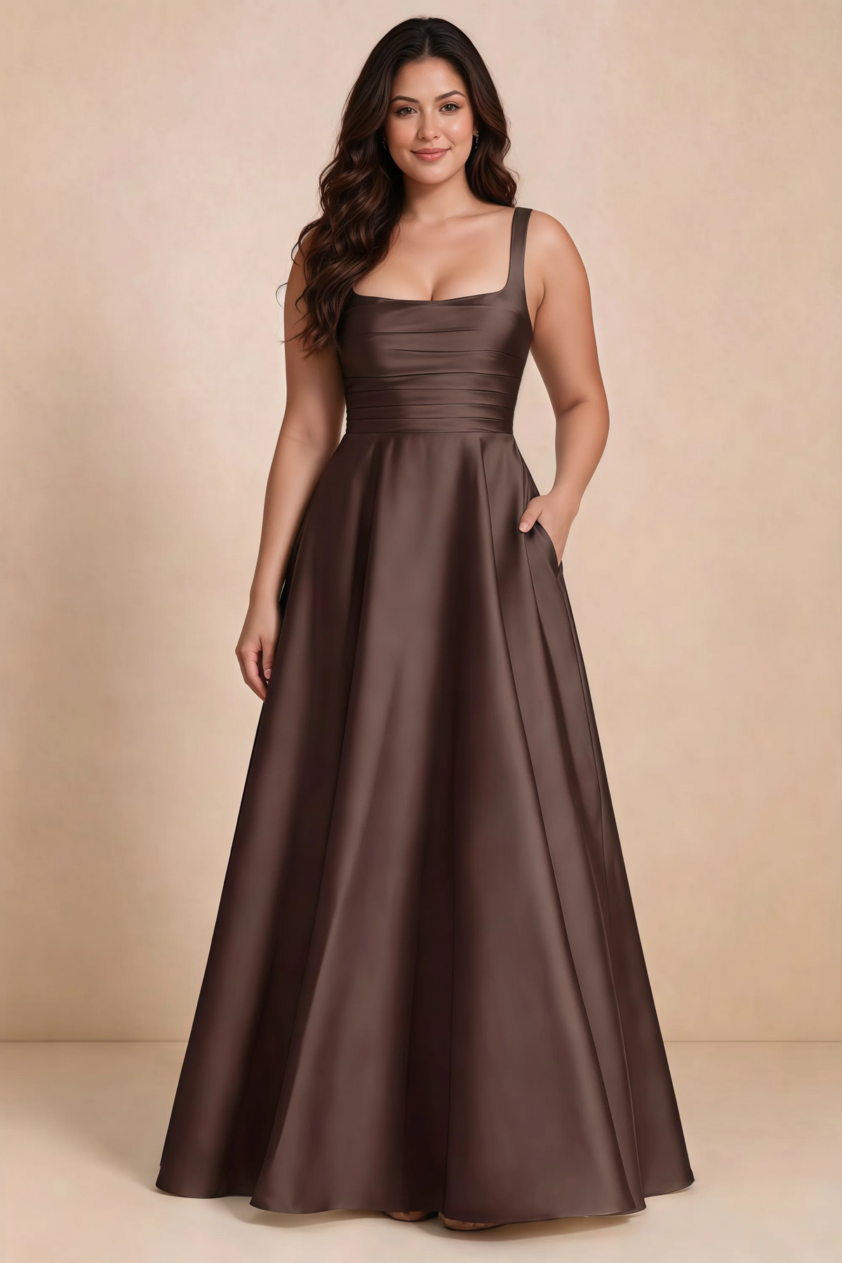 Front studio view of Becky chocolate satin maxi dress showing the defined waist and flowing skirt