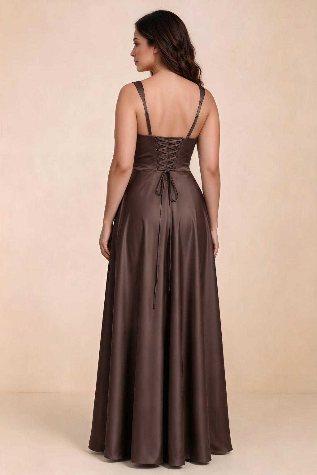 Rear studio view of Becky chocolate satin maxi dress showing crossed back lacing above the full skirt