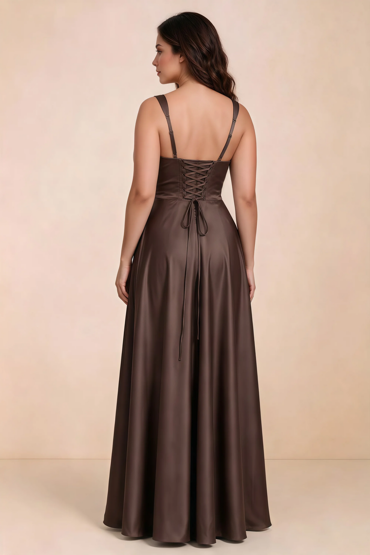 Rear studio view of Becky chocolate satin maxi dress showing crossed back lacing above the full skirt