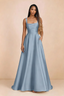 Front studio view of Becky dusty blue satin maxi dress showing the square neckline, pleated bodice and full A-line skirt