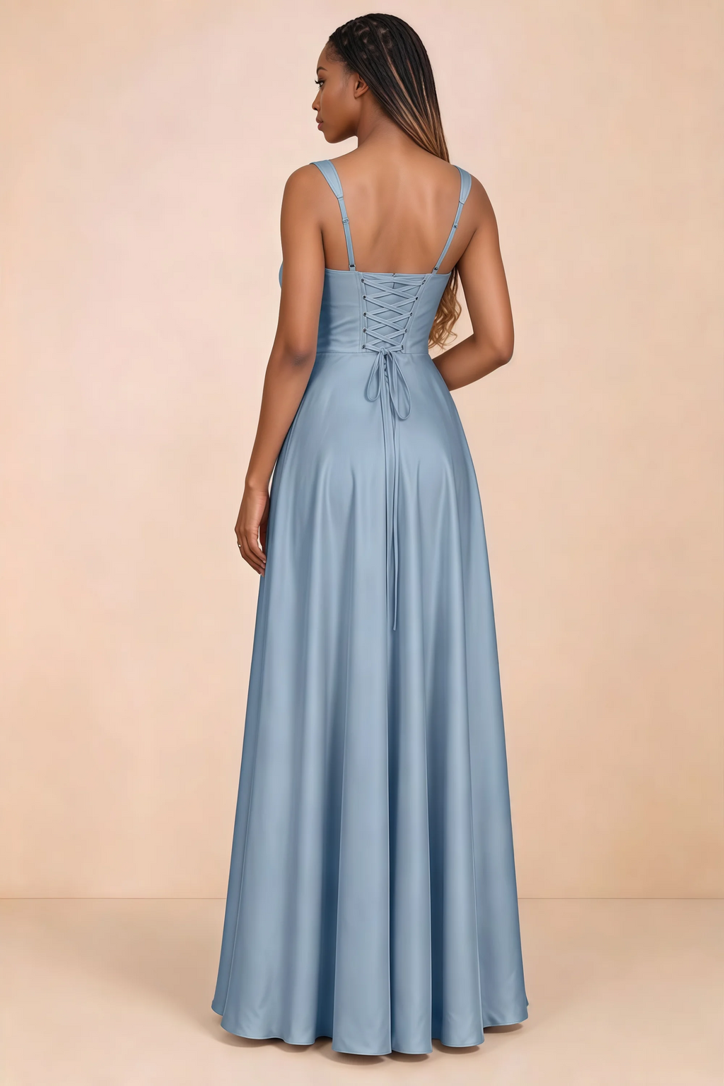 Back studio view of Becky dusty blue satin maxi dress showing shoulder straps and waist-length lacing