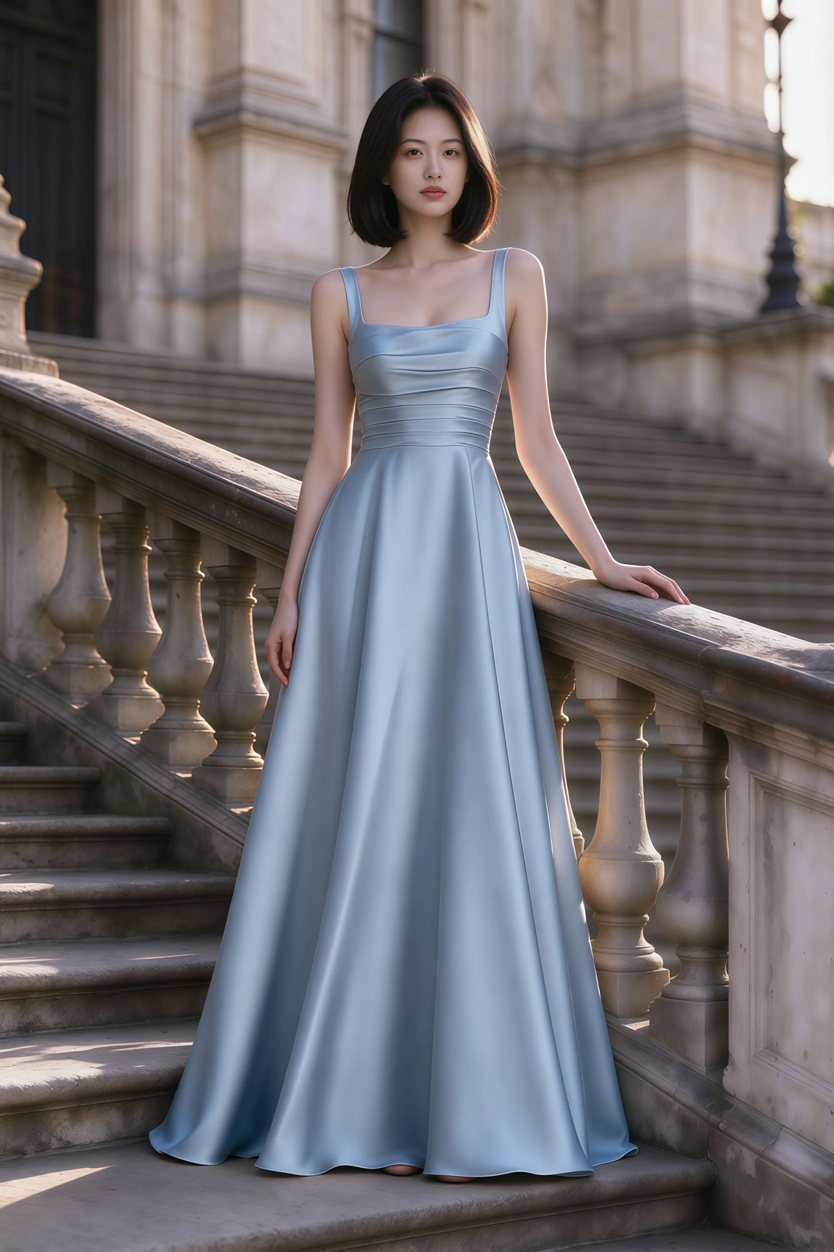 Outdoor front view of Becky dusty blue satin maxi dress on stone steps with a floor-length A-line skirt