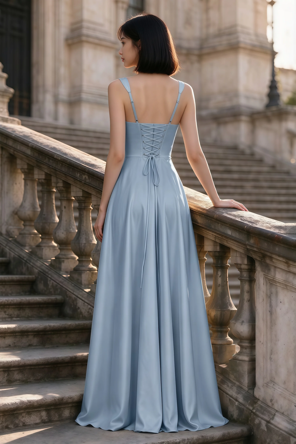 Outdoor rear view of Becky dusty blue satin maxi dress showing adjustable straps and the lace-up back