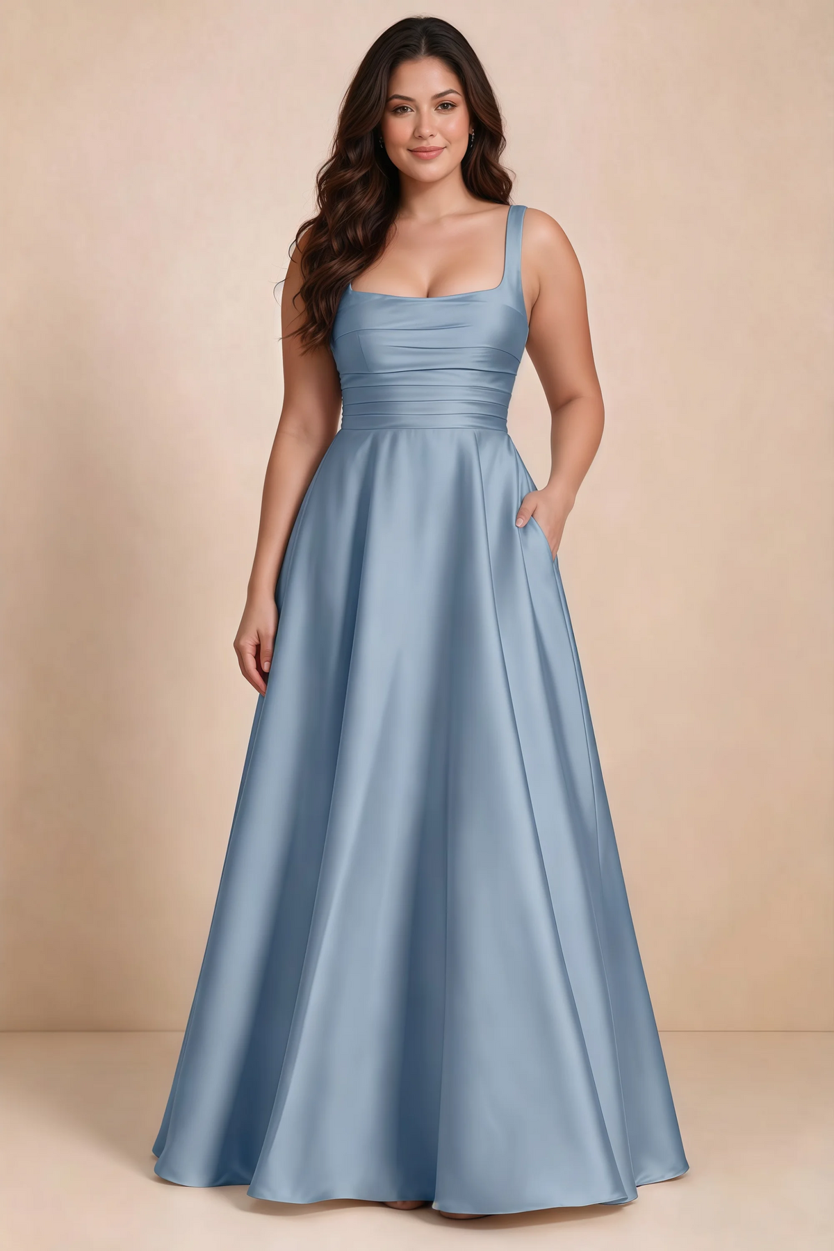 Front studio view of Becky dusty blue satin maxi dress showing the defined waist and flowing skirt