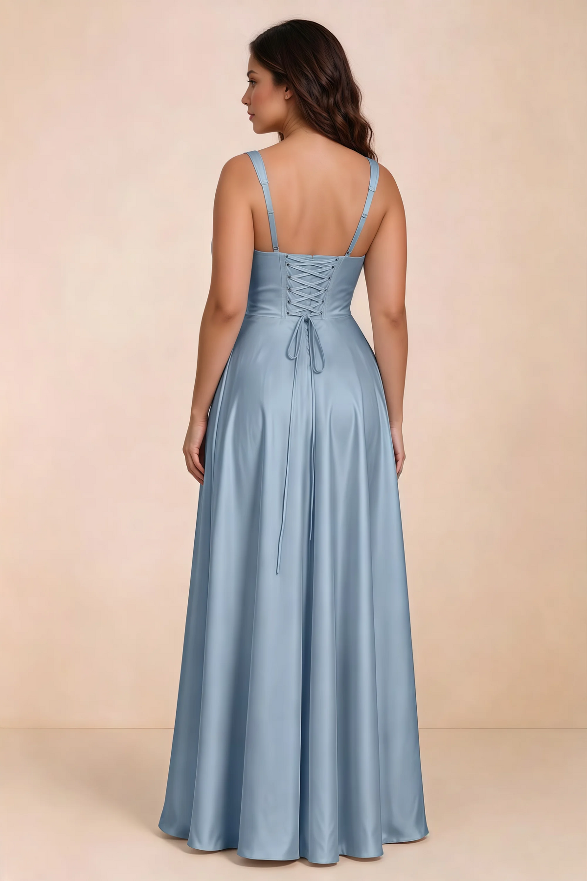 Rear studio view of Becky dusty blue satin maxi dress showing crossed back lacing above the full skirt
