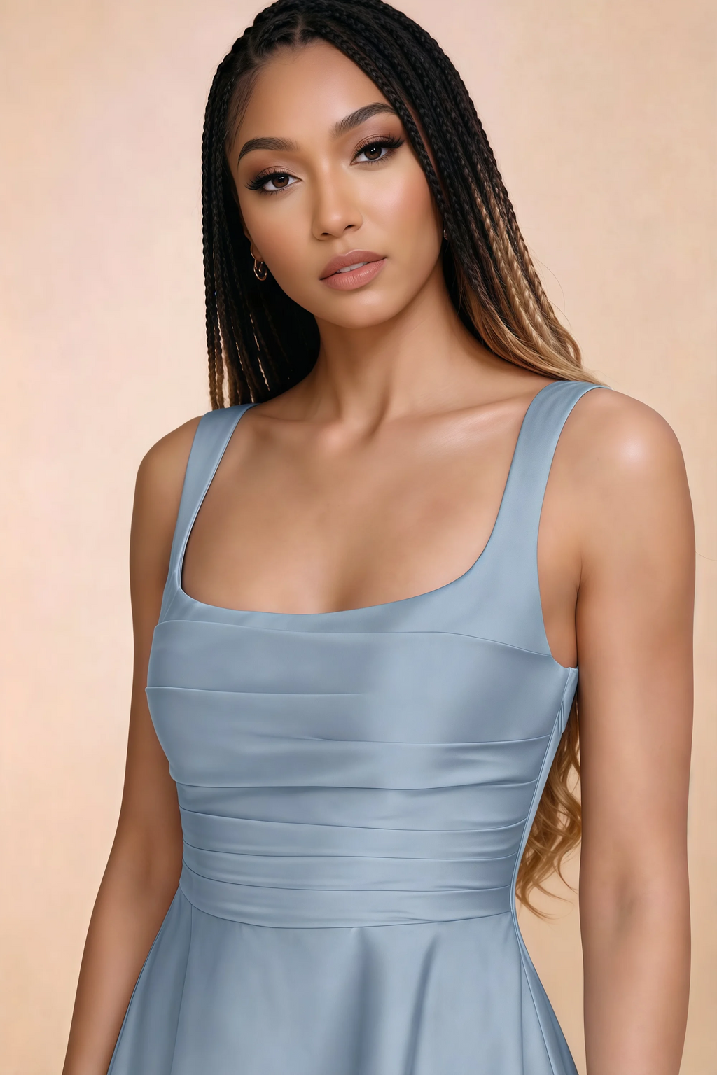 Close-up of Becky dusty blue square neckline, shoulder straps and horizontal bodice pleats