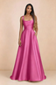 Front studio view of Becky fuchsia satin maxi dress showing the square neckline, pleated bodice and full A-line skirt