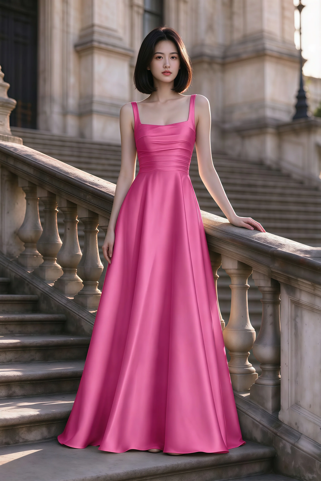 Outdoor front view of Becky fuchsia satin maxi dress on stone steps with a floor-length A-line skirt