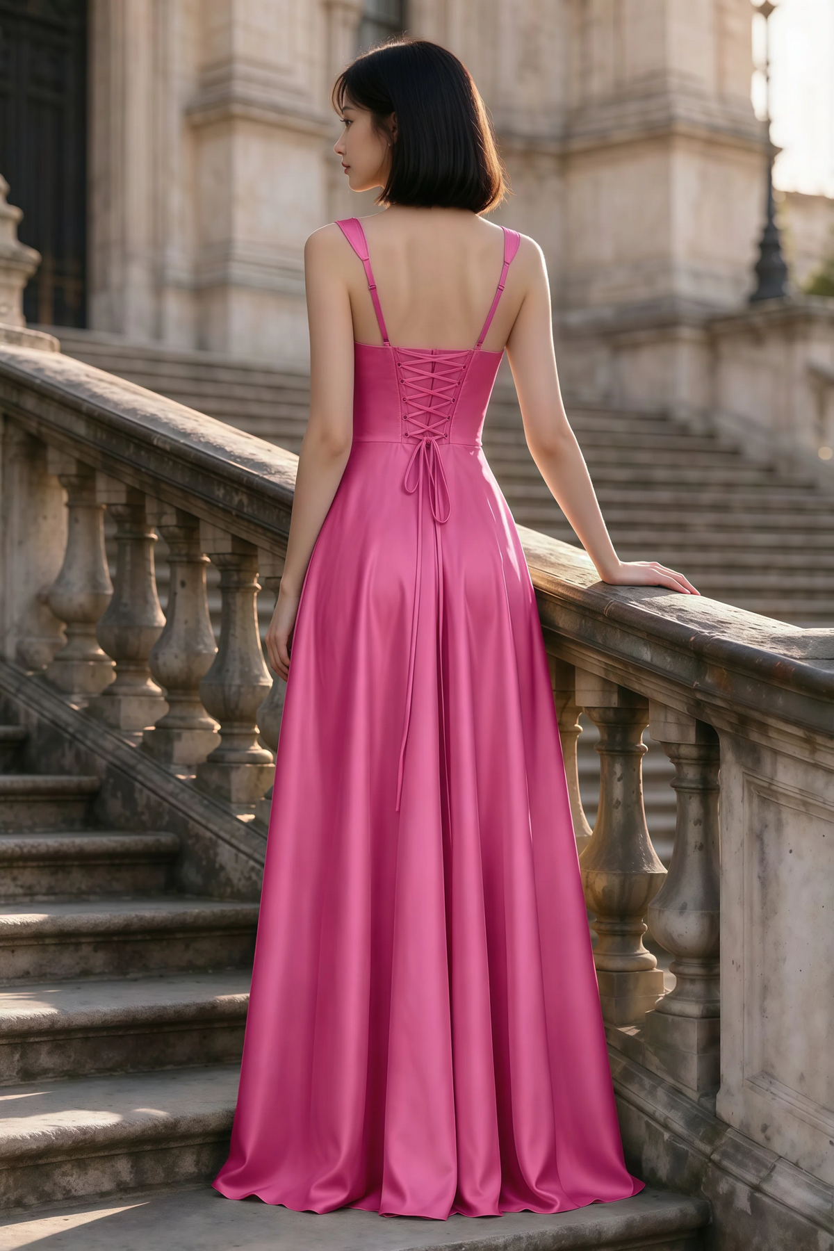 Outdoor rear view of Becky fuchsia satin maxi dress showing adjustable straps and the lace-up back