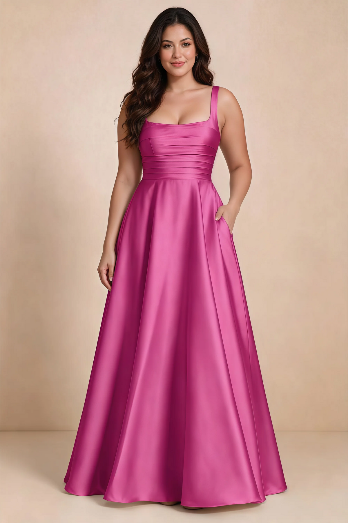 Front studio view of Becky fuchsia satin maxi dress showing the defined waist and flowing skirt