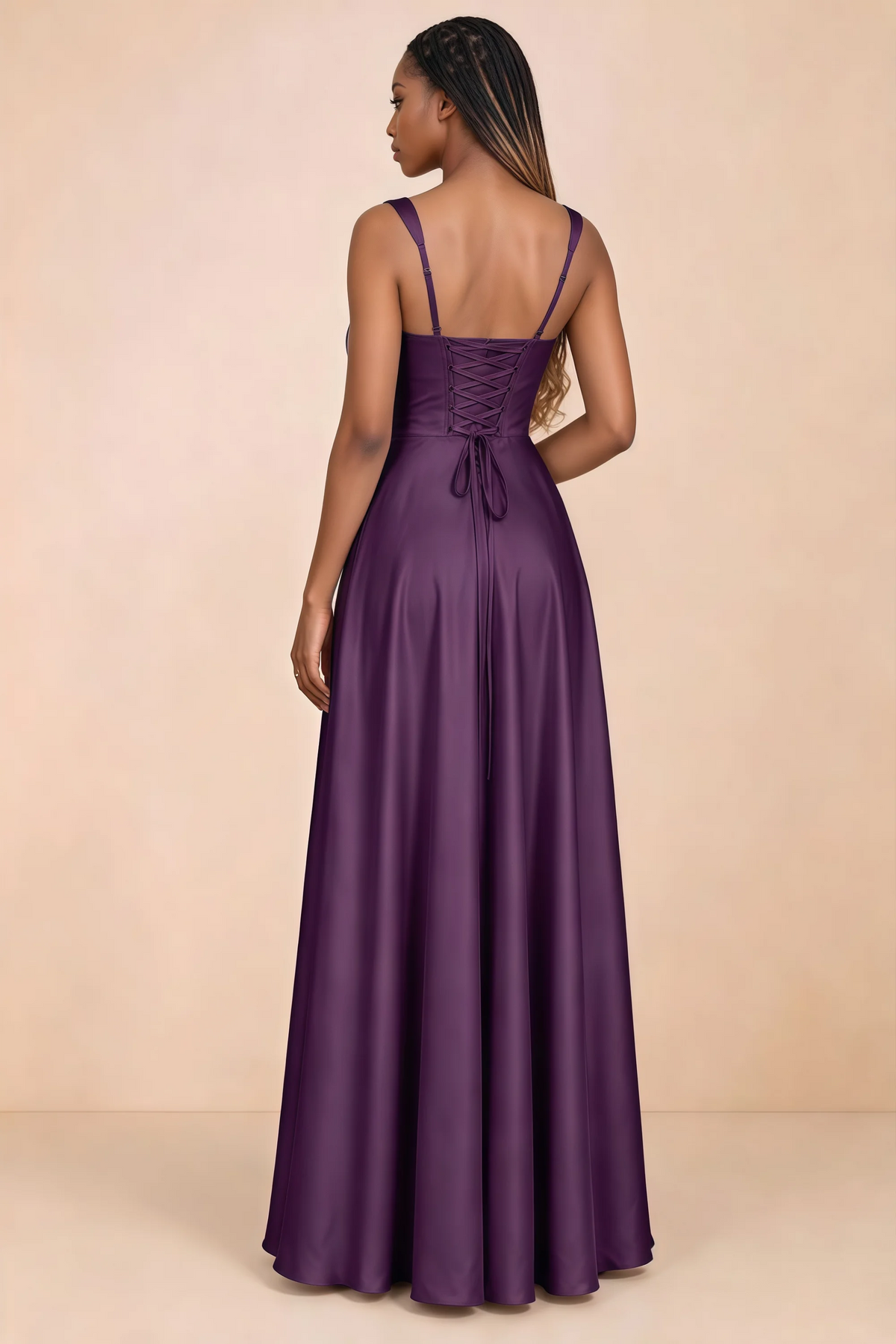 Back studio view of Becky grape satin maxi dress showing shoulder straps and waist-length lacing