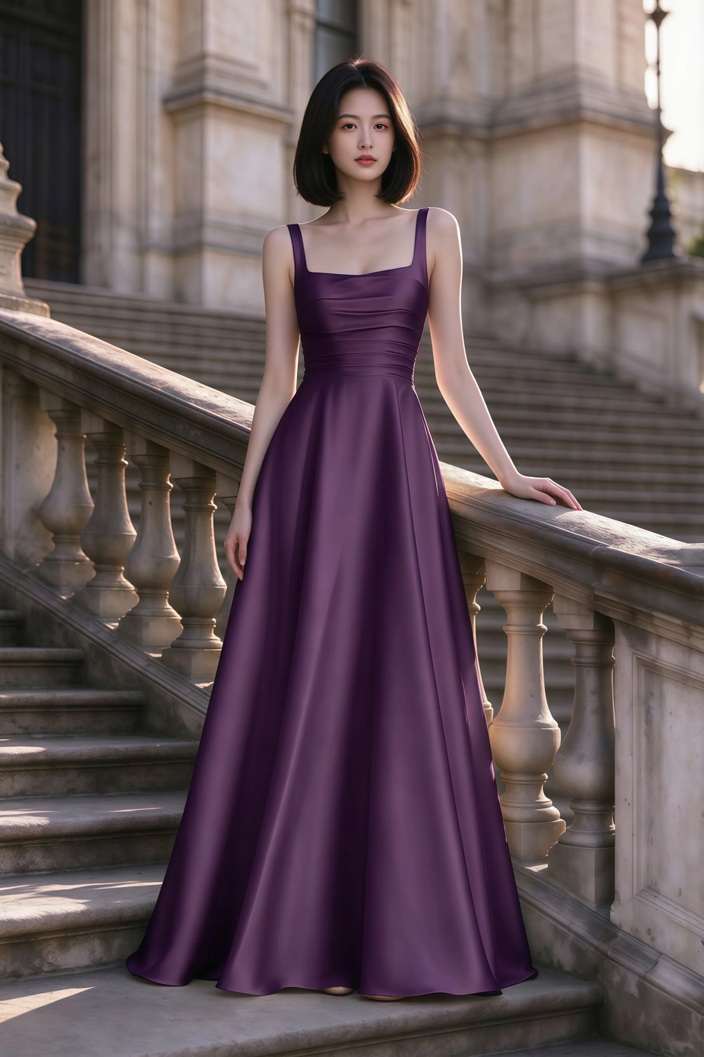Outdoor front view of Becky grape satin maxi dress on stone steps with a floor-length A-line skirt
