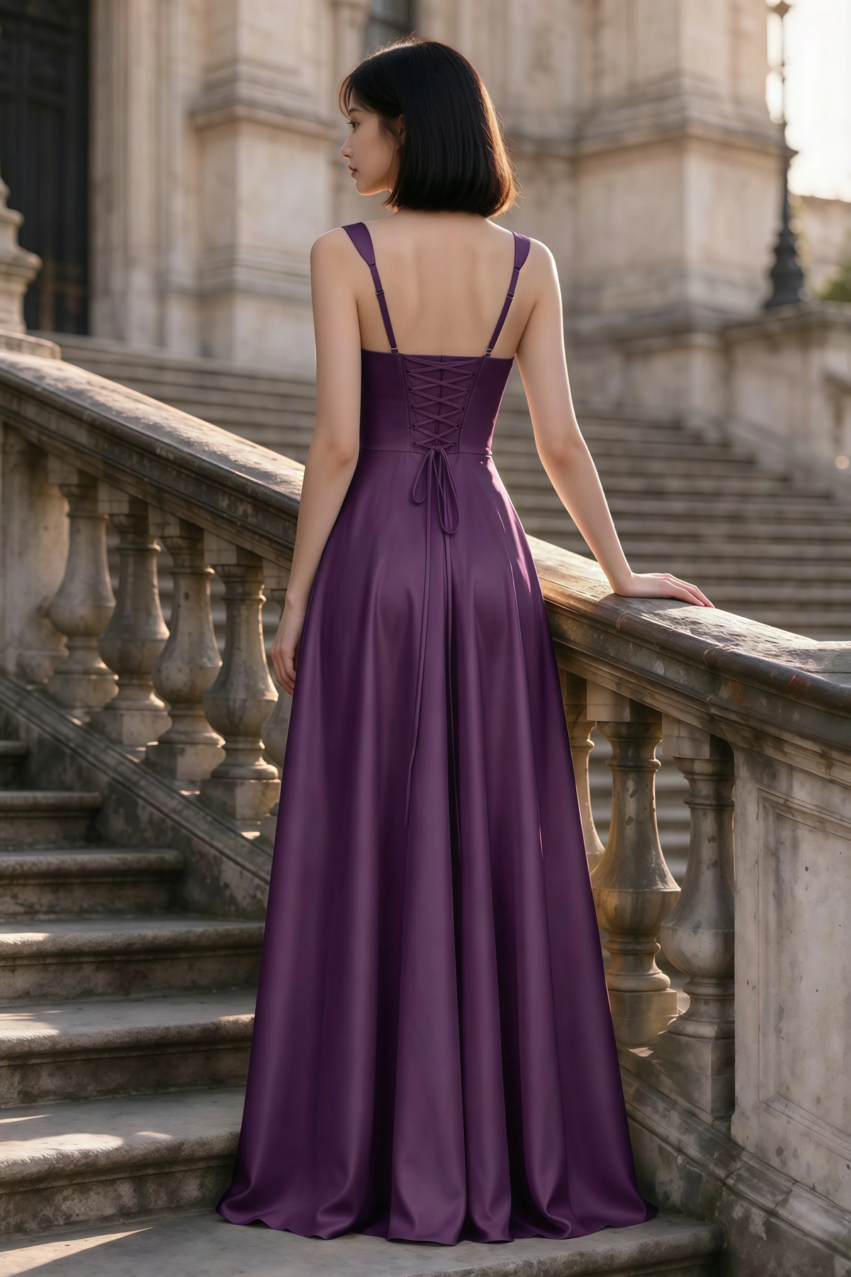 Outdoor rear view of Becky grape satin maxi dress showing adjustable straps and the lace-up back