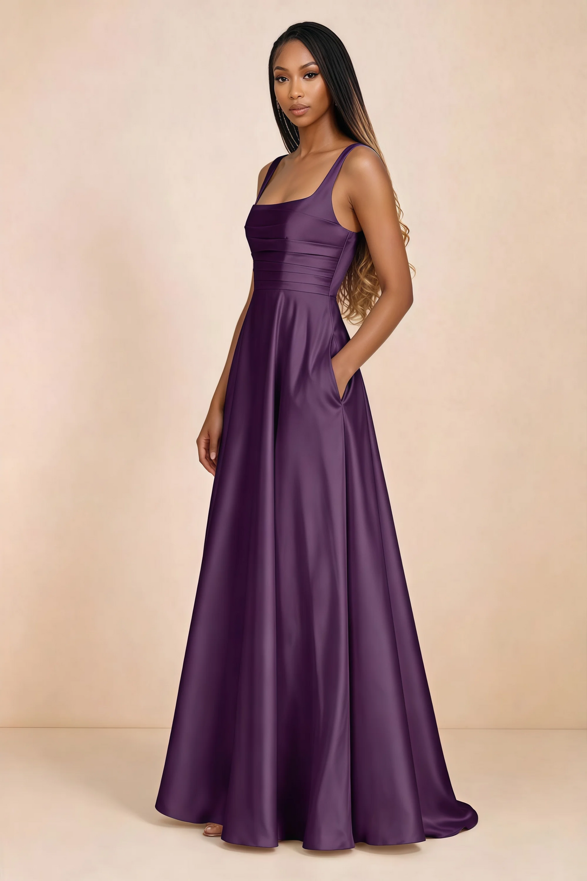 Three-quarter studio view of Becky grape satin maxi dress with a hand resting in the side pocket
