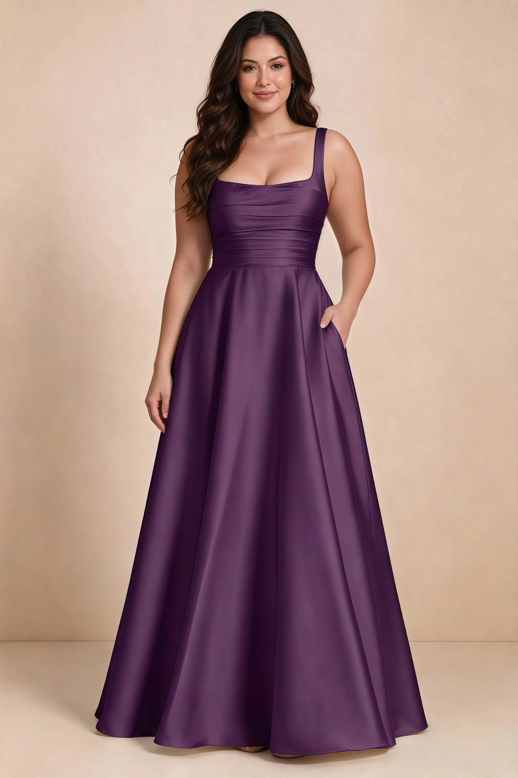 Front studio view of Becky grape satin maxi dress showing the defined waist and flowing skirt