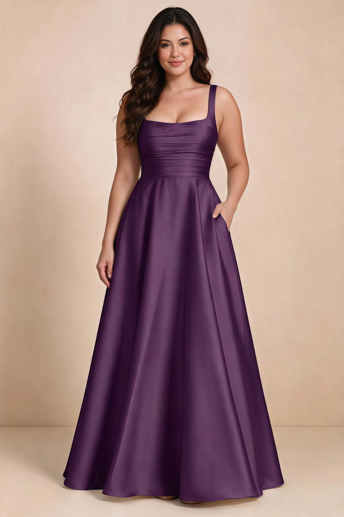 Front studio view of Becky grape satin maxi dress showing the defined waist and flowing skirt
