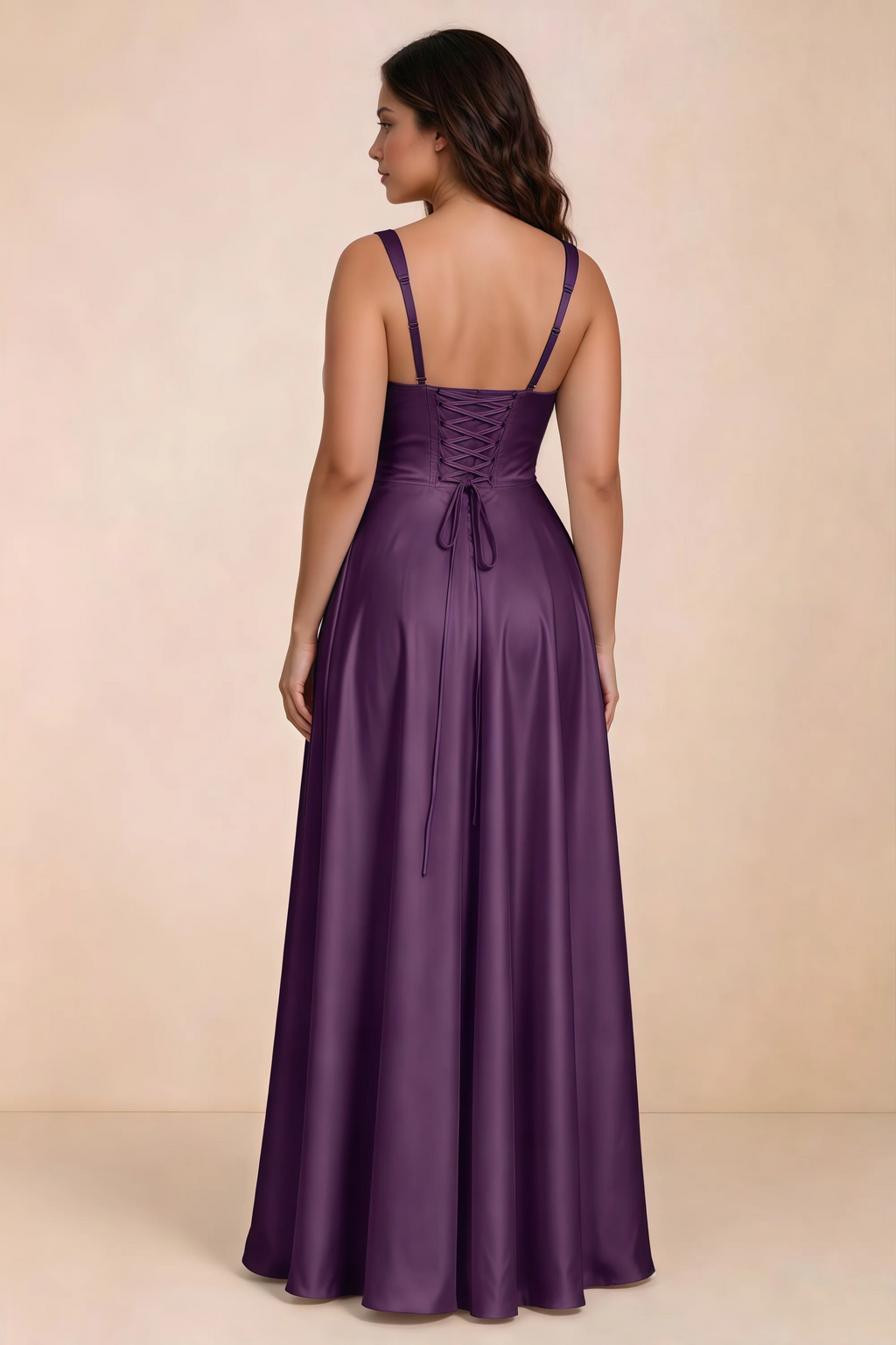 Rear studio view of Becky grape satin maxi dress showing crossed back lacing above the full skirt