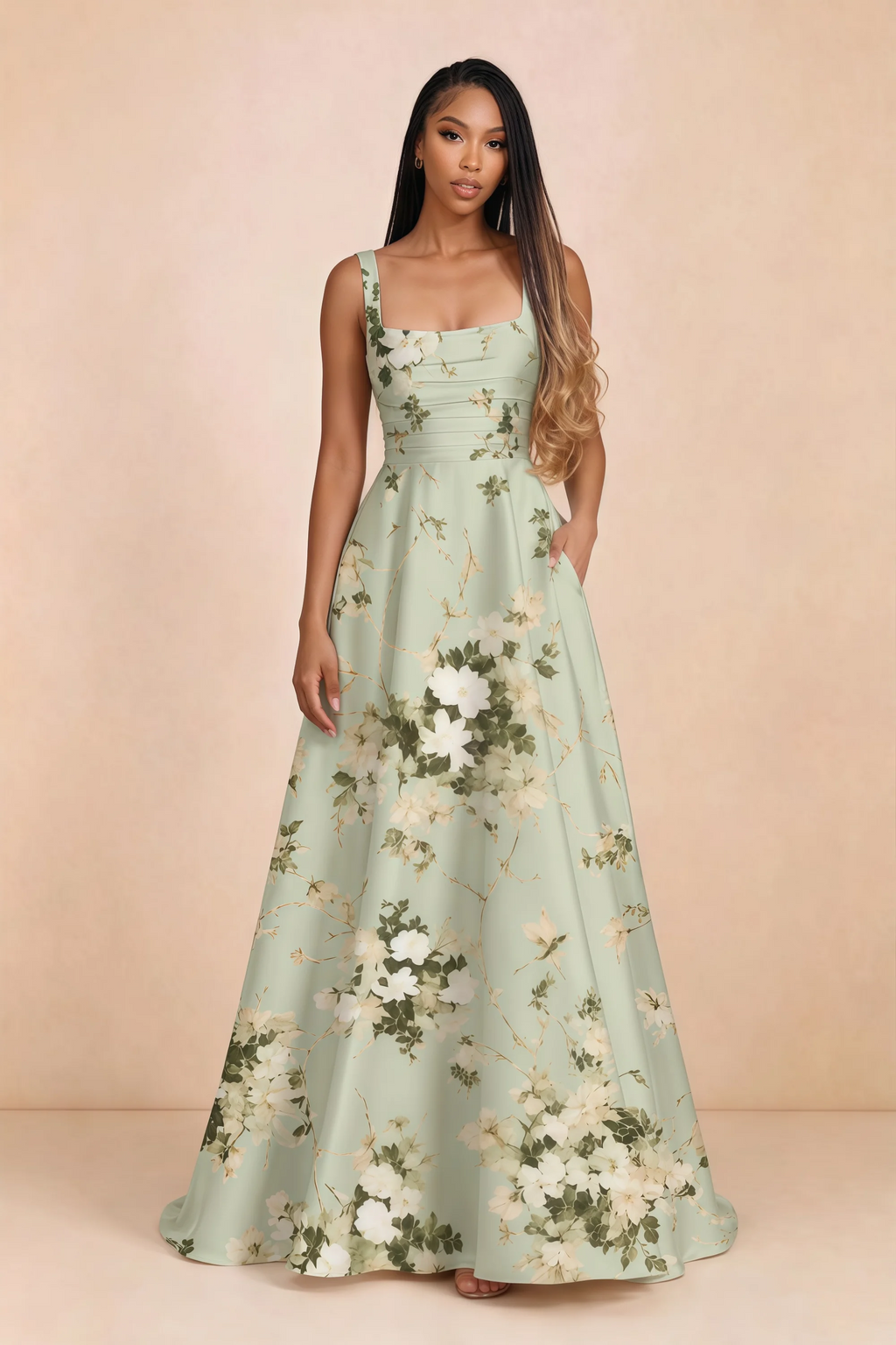 Front studio view of Becky green floral satin maxi dress showing the square neckline, pleated bodice and full A-line skirt