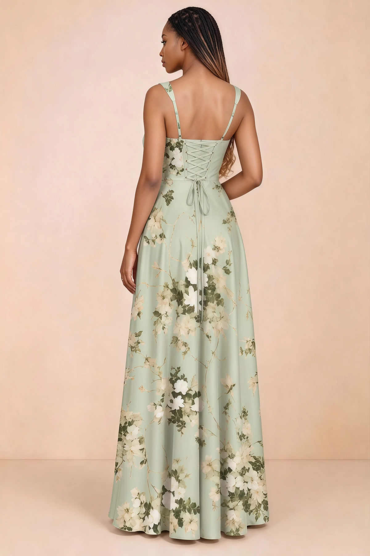 Back studio view of Becky green floral satin maxi dress showing shoulder straps and waist-length lacing