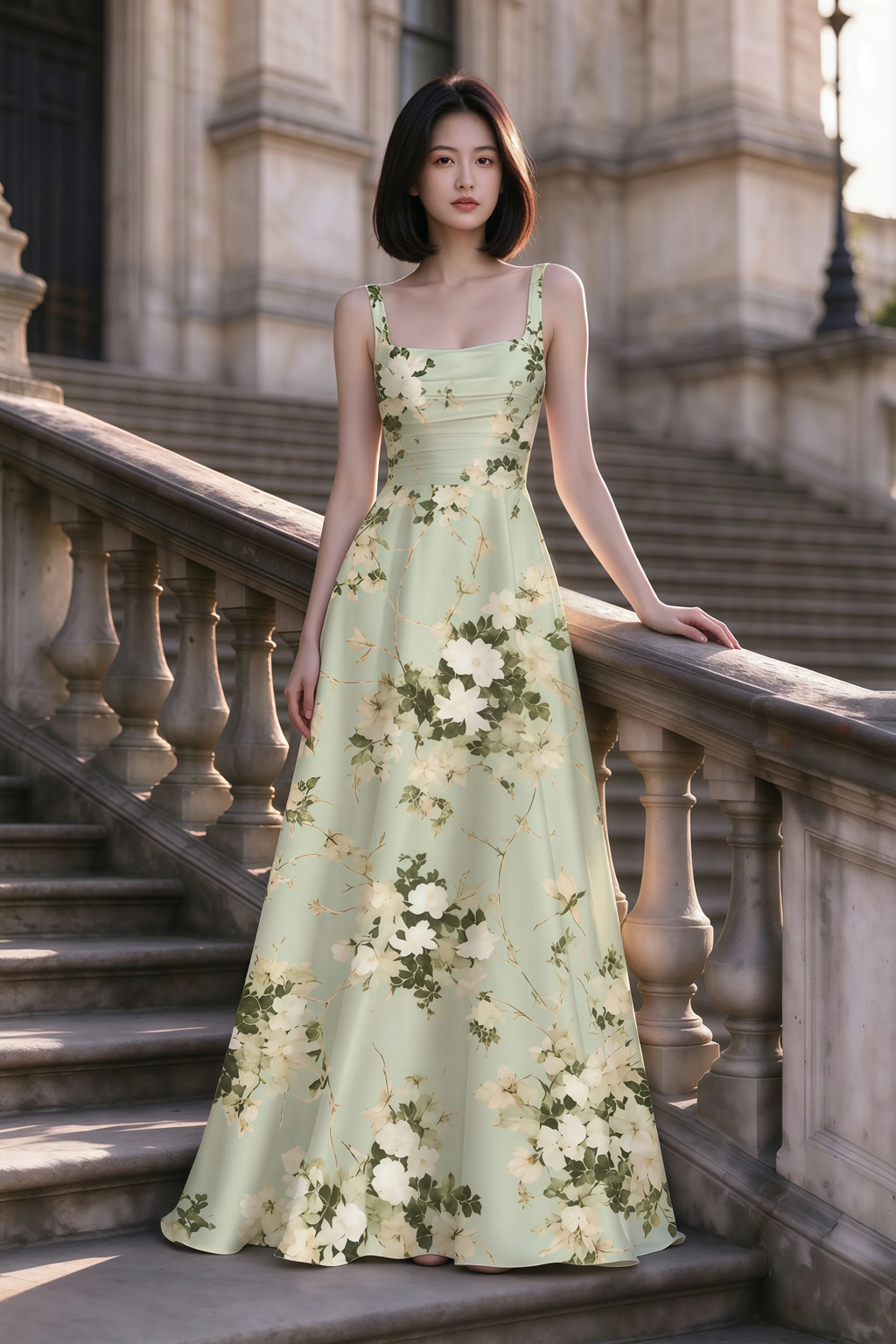 Outdoor front view of Becky green floral satin maxi dress on stone steps with a floor-length A-line skirt