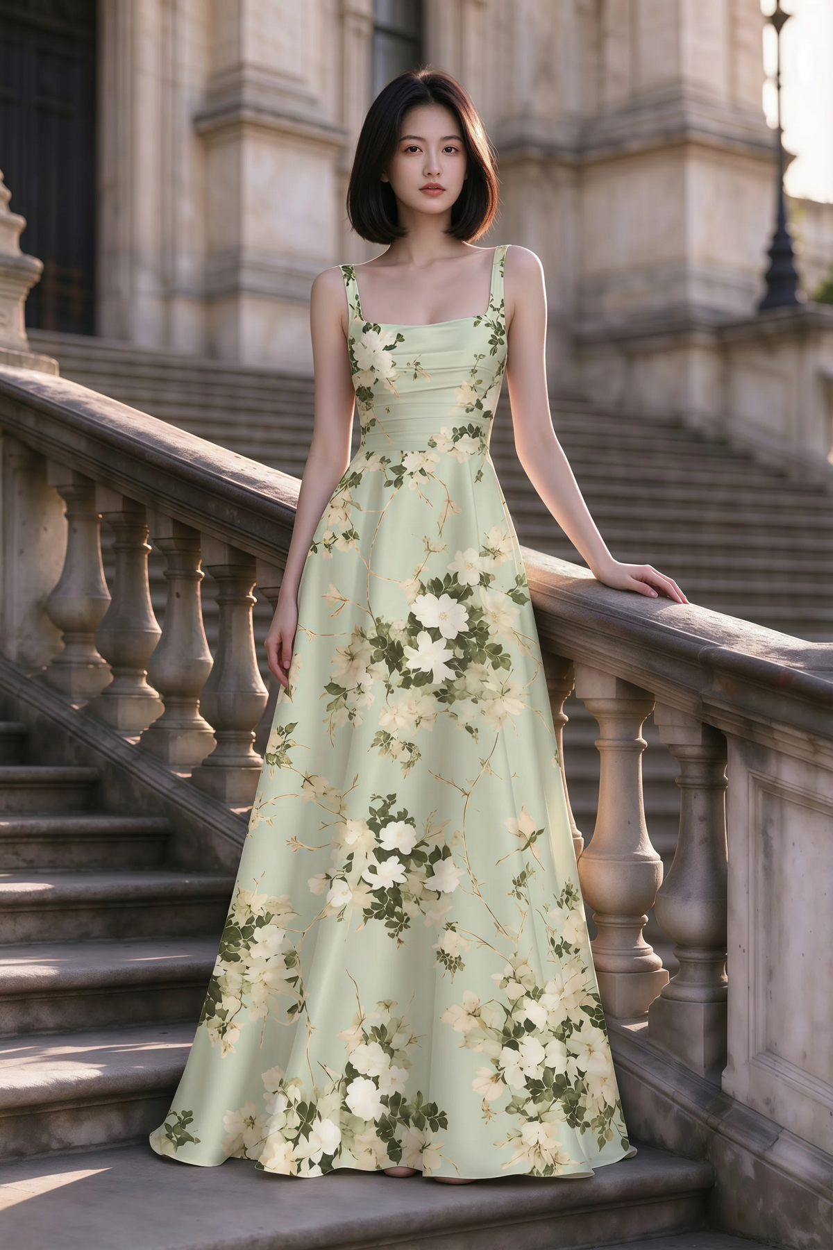 Outdoor front view of Becky green floral satin maxi dress on stone steps with a floor-length A-line skirt