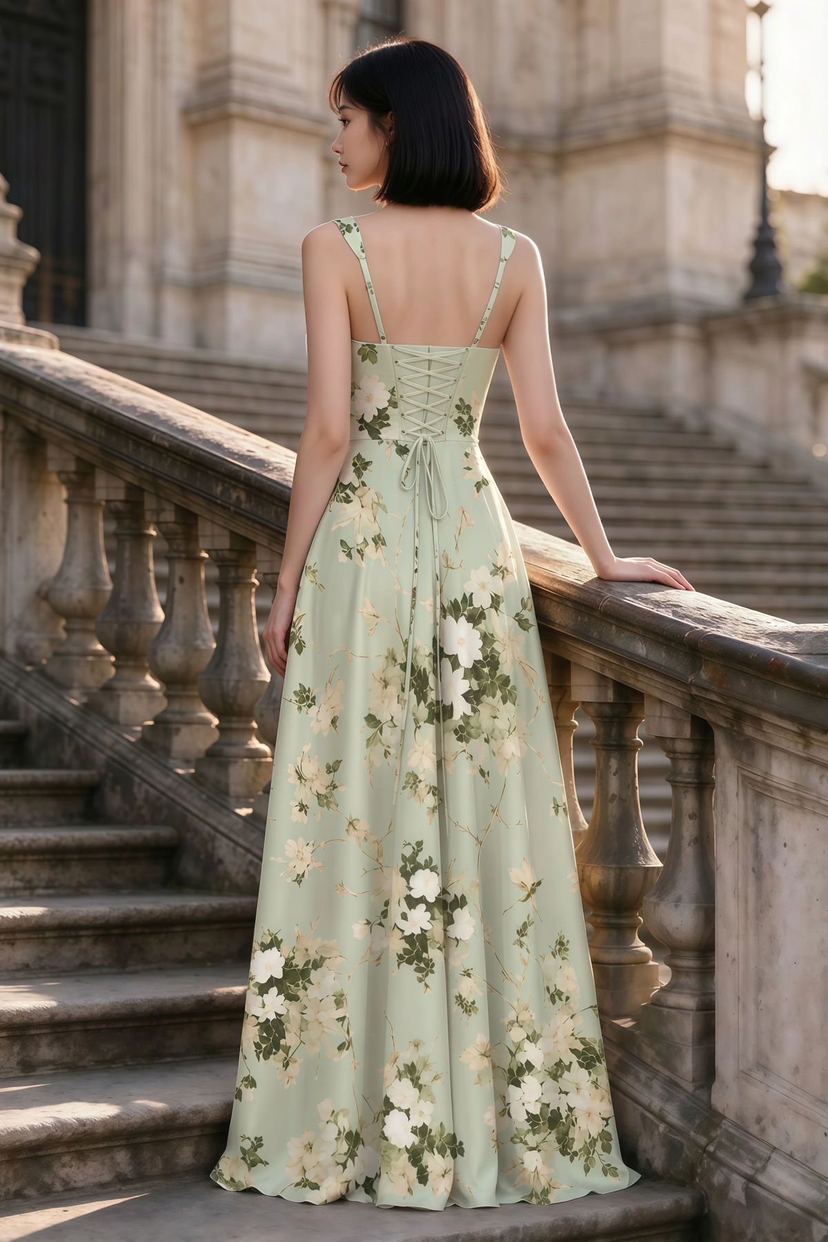 Outdoor rear view of Becky green floral satin maxi dress showing adjustable straps and the lace-up back