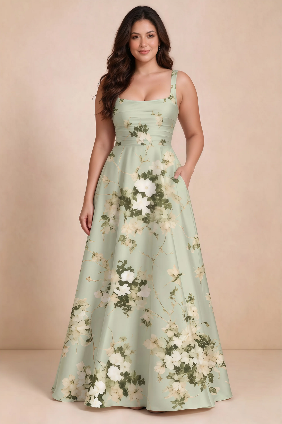 Front studio view of Becky green floral satin maxi dress showing the defined waist and flowing skirt