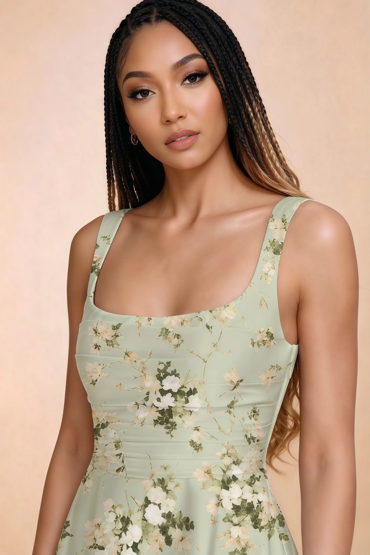 Close-up of Becky green floral square neckline, shoulder straps and horizontal bodice pleats