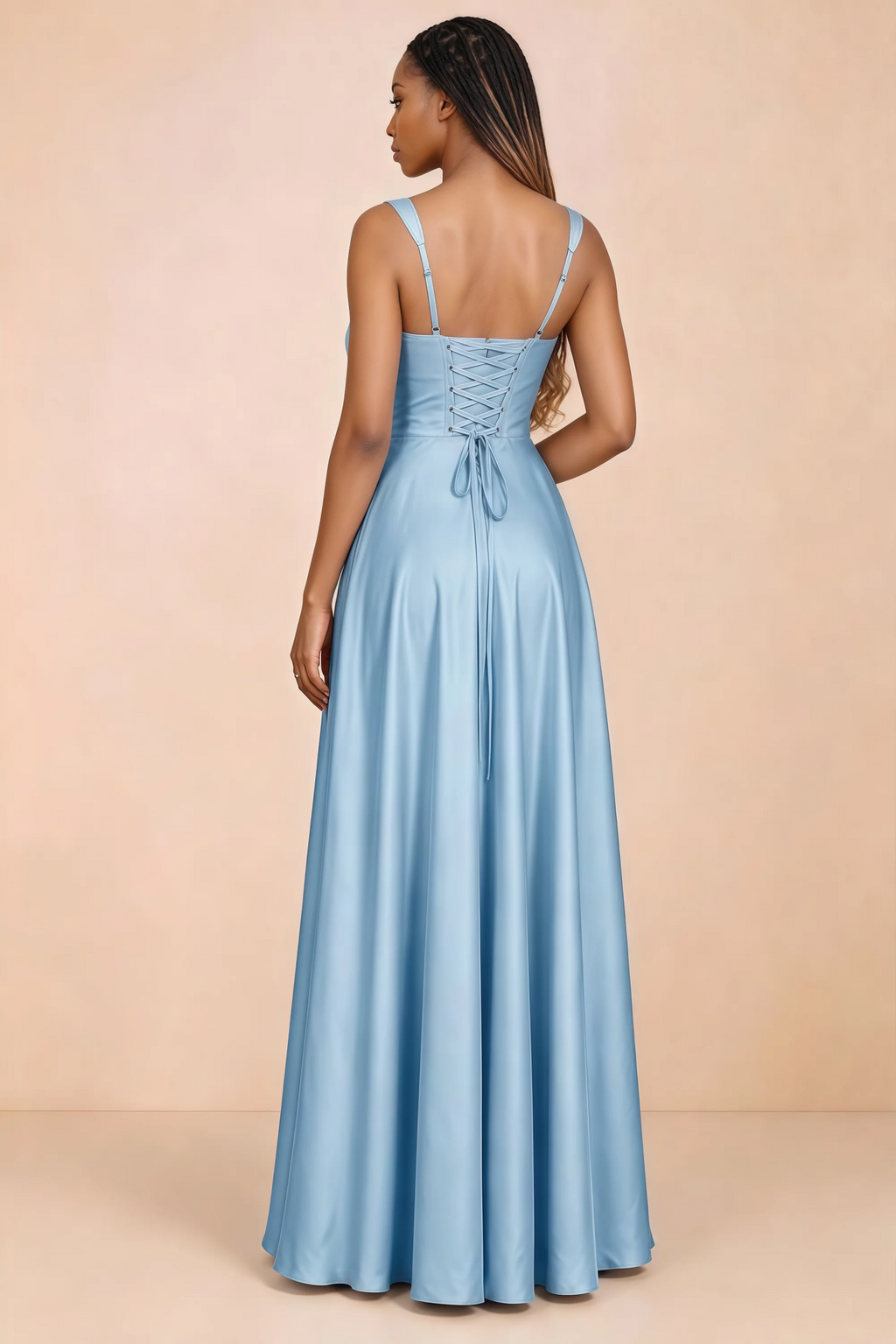 Back studio view of Becky haze blue satin maxi dress showing shoulder straps and waist-length lacing