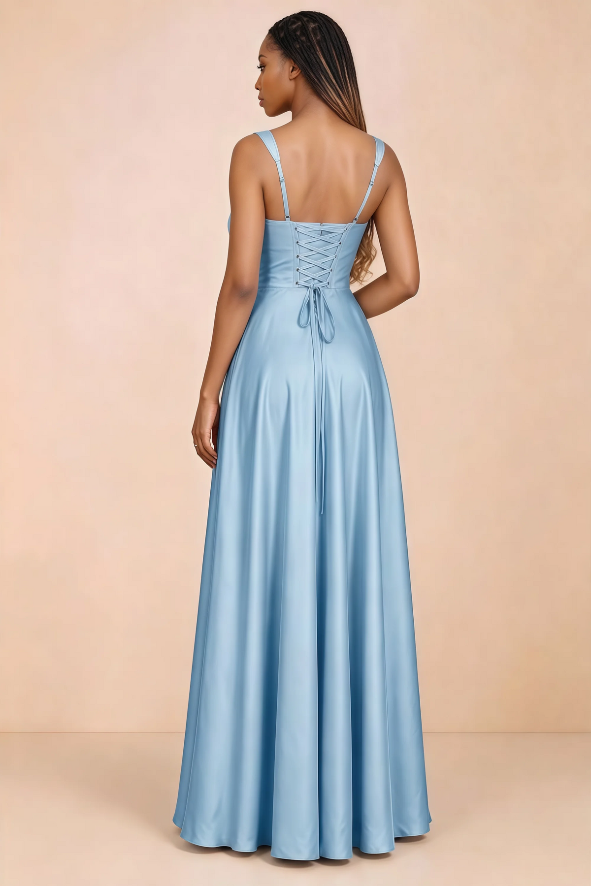 Back studio view of Becky haze blue satin maxi dress showing shoulder straps and waist-length lacing