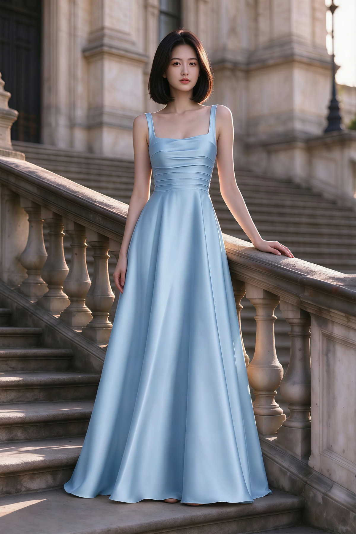 Outdoor front view of Becky haze blue satin maxi dress on stone steps with a floor-length A-line skirt
