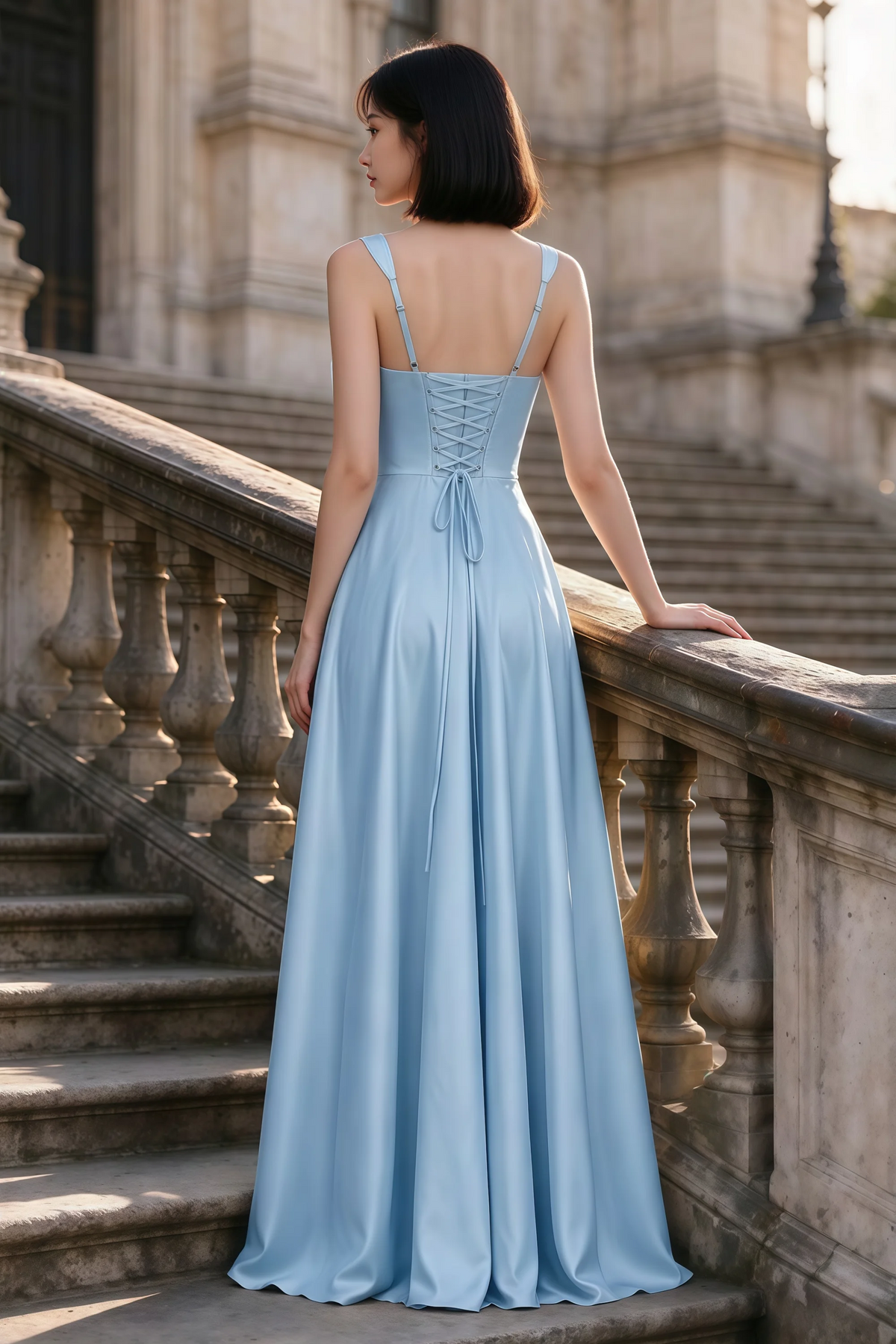 Outdoor rear view of Becky haze blue satin maxi dress showing adjustable straps and the lace-up back