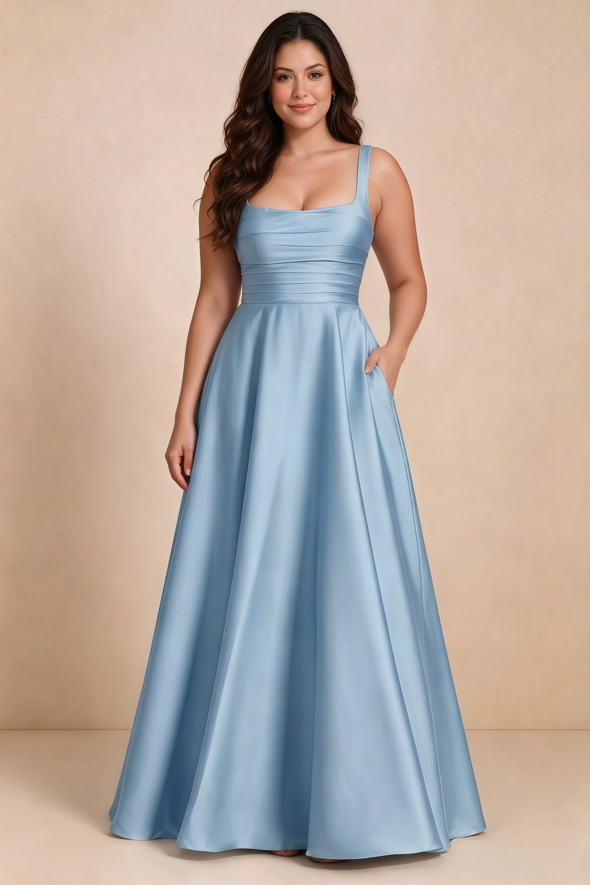 Front studio view of Becky haze blue satin maxi dress showing the defined waist and flowing skirt