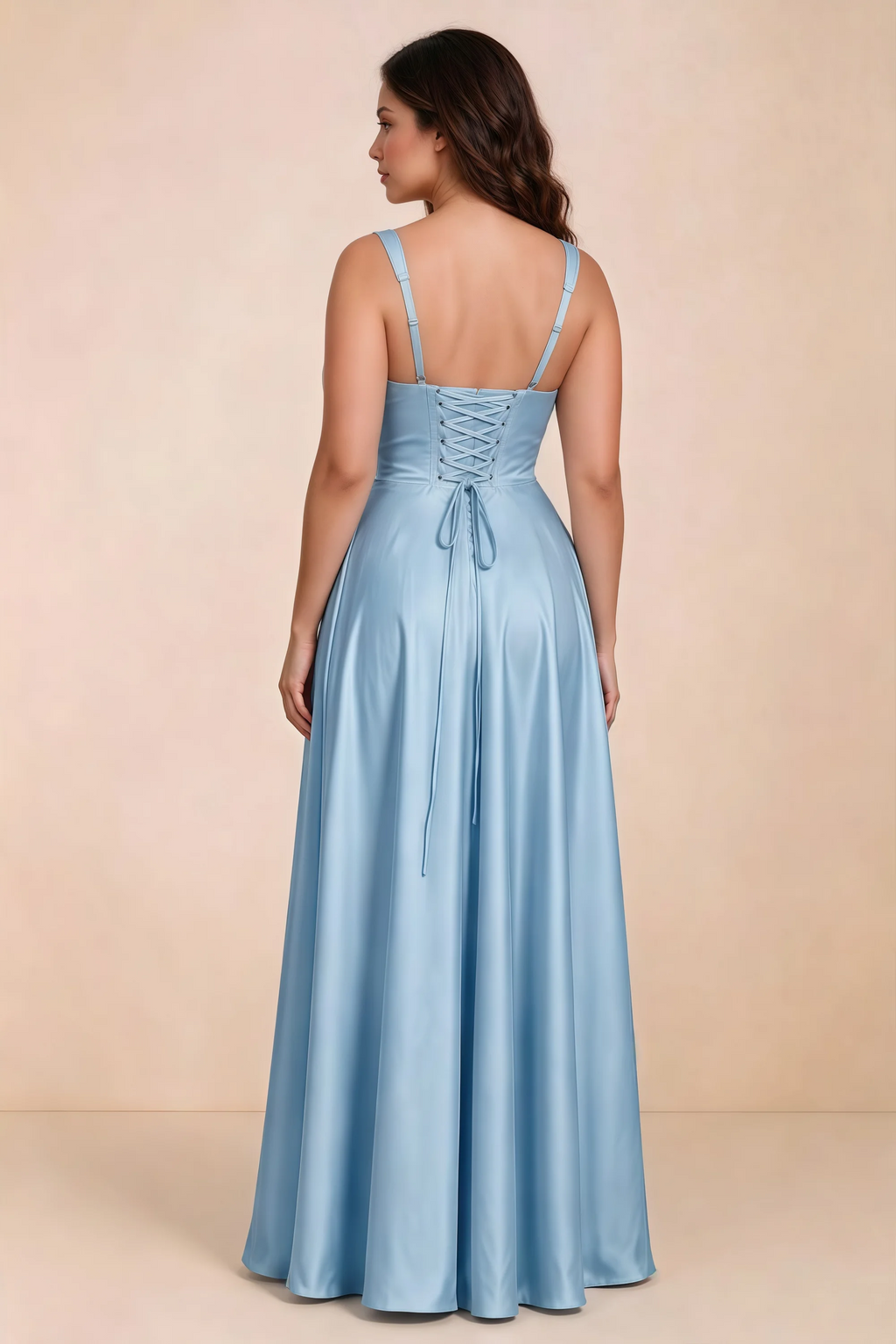 Rear studio view of Becky haze blue satin maxi dress showing crossed back lacing above the full skirt