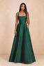 Front studio view of Becky hunter green satin maxi dress showing the square neckline, pleated bodice and full A-line skirt