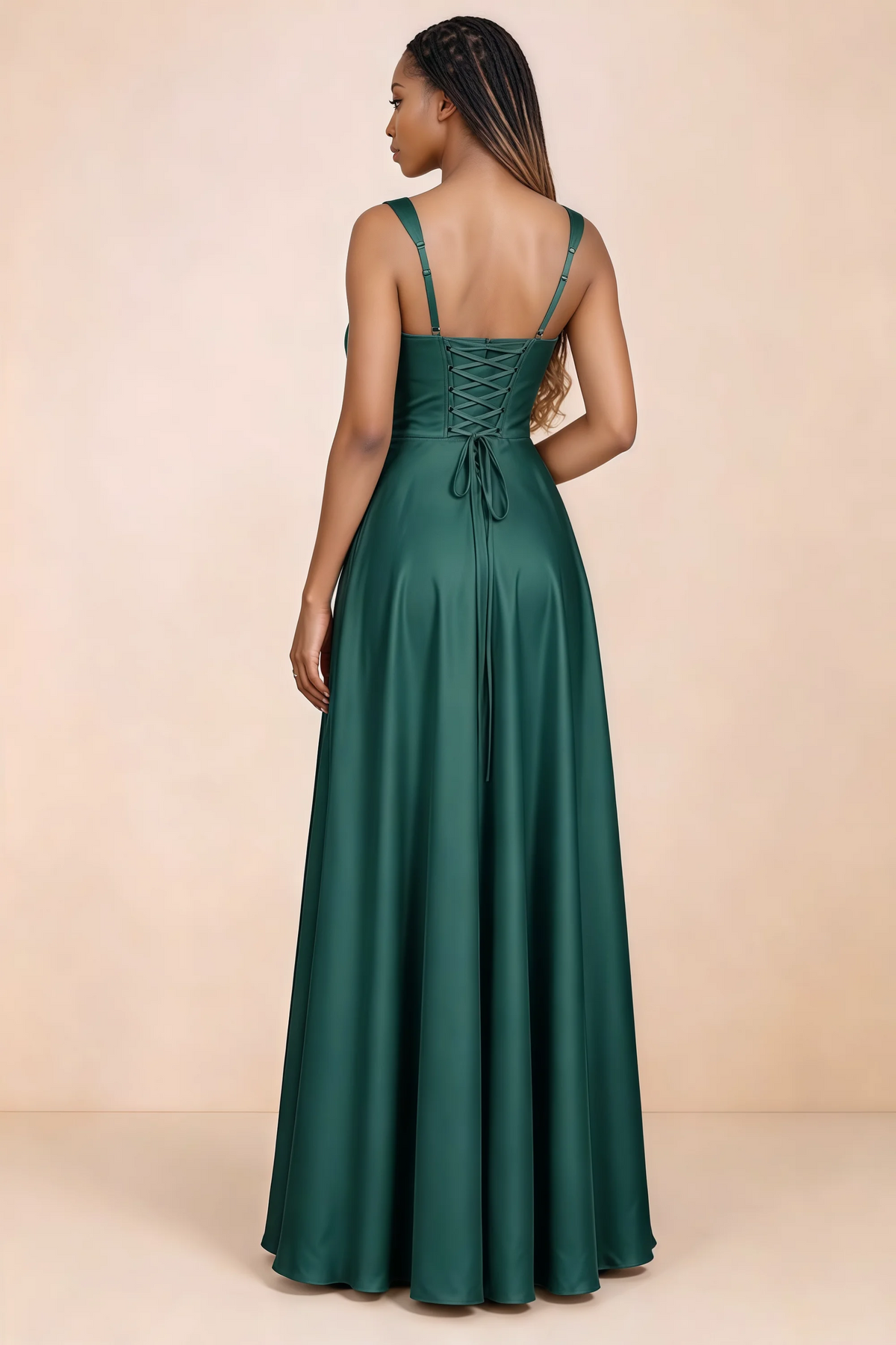 Back studio view of Becky hunter green satin maxi dress showing shoulder straps and waist-length lacing